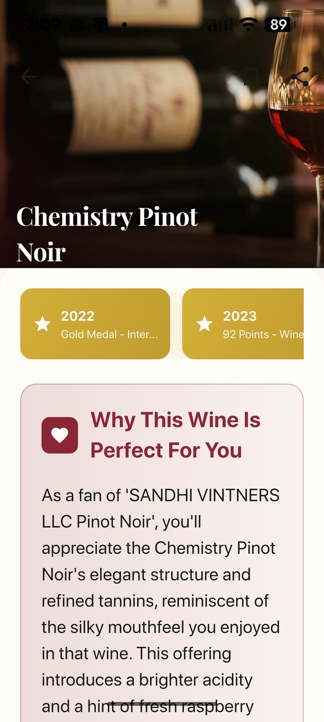 Sommelier Snap — why a recommended wine fits your taste, with award badges